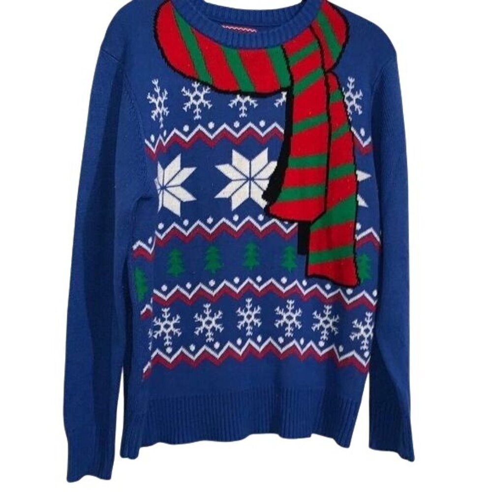 Hybrid Holiday Sweater Blue Snowflake Print With Scarf Motif Medium